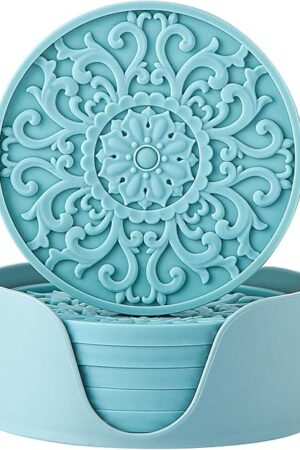 Colinda Silicone Coasters - Set of 6 with Holder, Non-Slip Cup Mats for Hot and Cold Drinks, Decorative Designs, Gift Ready Packaging,Turquoise