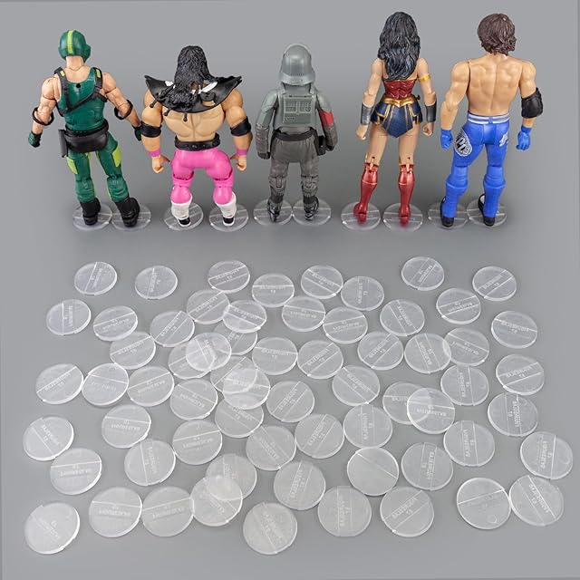 The 56PCS Action Figure Display Stand with 120PCS Adhesive, Figure Toy Organizer Accessories Bases No Pegs, Fit for All Figures Such as Star Was Black Series/Gi Jeo/Marvel Legends etc., Clear Round