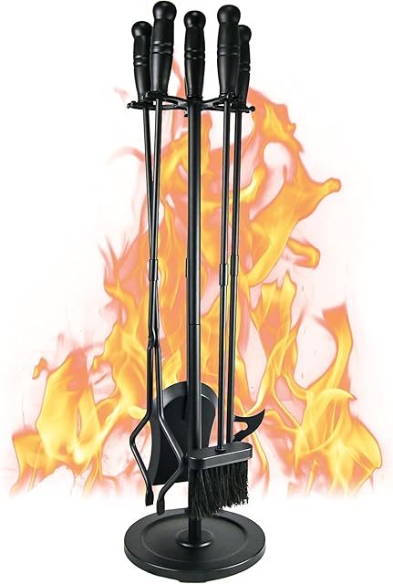 Modern Fireplace Tools Set 5 Pcs Fireside Accessories Fire Kit Set Outdoor Fire Pit Tools with Poker Shovel Tongs Brush and Stand