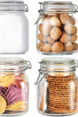 32oz Glass Food Storage Jars with Airtight Clamp Lids,Set of 4 Airtight Glass Canister Square- Clear Storage Container for Kitchen Container Storing Sugar, Flour, Cereal,Coffee,Spice…