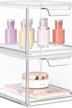 2 Pack Stackable Makeup Organizer and Storage, Acrylic Organizers，Clear Plastic Storage Drawer with Handles for Vanity, Undersink, Kitchen Cabinets, Pantry