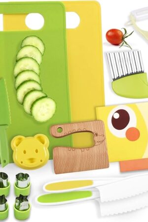 18 Pieces Montessori Kitchen Tools Cookware Baking Toy for Toddlers Kids, Toddler Safe Knife Set for Real Cooking, w/ Cutting Boards, Crinkle Cutter, Peeler, Serrated Edges and Wooden Safe Knives