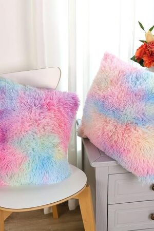 Dongchen Soft Faux Fur Throw Pillow Covers Pack of 2 Peach Blush Plush Decorative Tie Dye Pink Throw Girls Pillow Covers Cute Cushion Cases Pillowcases for Sofa Couch Decor Room Bedroom Colorful