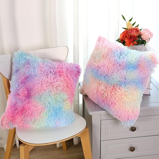 Dongchen Soft Faux Fur Throw Pillow Covers Pack of 2 Peach Blush Plush Decorative Tie Dye Pink Throw Girls Pillow Covers Cute Cushion Cases Pillowcases for Sofa Couch Decor Room Bedroom Colorful