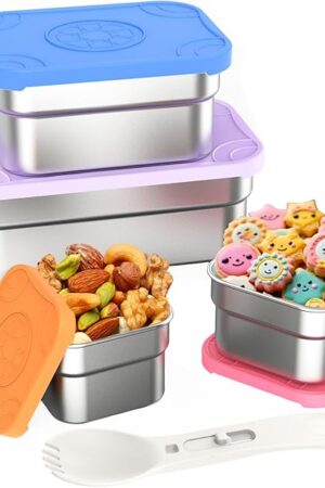 DaCool 4 Pack Kids Stainless Steel Snack Containers with Lids Spork, Totally 39 oz Easy Open Leakproof Small Toddler Snack Box with Silicone Lids, Stackable Metal Lunch Box for Daycare and School