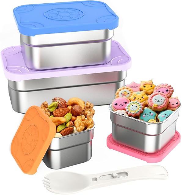 DaCool 4 Pack Kids Stainless Steel Snack Containers with Lids Spork, Totally 39 oz Easy Open Leakproof Small Toddler Snack Box with Silicone Lids, Stackable Metal Lunch Box for Daycare and School