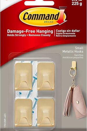 Command Small Metallic Hooks Brass Color, 4 Hooks and 5 Command Strips, Damage-Free Wall Hooks with Adhesive Strips, No Tools Adhesive Hooks for Hanging Home Decor, Holds up to 0.5 lb
