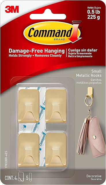 Command Small Metallic Hooks Brass Color, 4 Hooks and 5 Command Strips, Damage-Free Wall Hooks with Adhesive Strips, No Tools Adhesive Hooks for Hanging Home Decor, Holds up to 0.5 lb