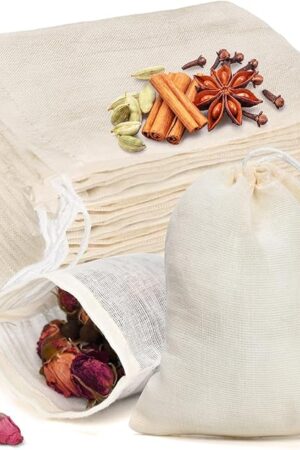 20 Pcs Muslin Bags with Drawstring, Reusable Tea Bags, Spice Bags for Cooking Soup/Herb/Loose Leaf Tea, Natural Cotton Small Cheese Cloth Bag for Straining, Sachet Bags Empty, 4 X 3 Inches
