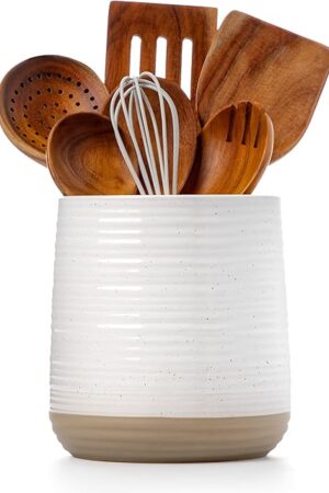6.8" Large Ceramic Kitchen Utensil Holder - Utensil Holder for Kitchen Counter, Modern Farmhouse Style Holder for Spoons, Spatulas & Cooking Tools (White)
