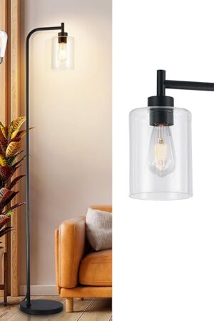 DLLT Floor Lamp Tall for Room: Black Standing Lamp with Clear Glass Lampshade for Living Room - Modern Bright Lamp for Bedroom - Industrial Corner Floor Lamps for Office 8W Led Bulb Included