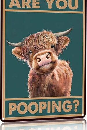 Vintage Highland Cow Tin Sign: Funny "Are You Pooping?" Bathroom Wall Decor for Western & Highland Cow Lovers 8 x 12 Inch (3039)