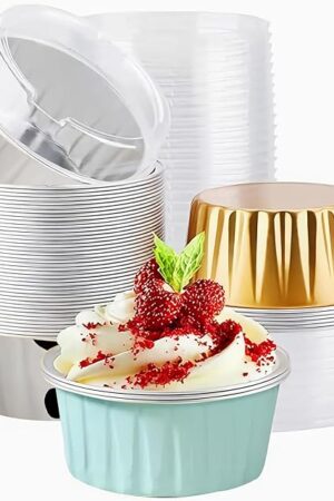 50PCS Mixed color Disposable Ramekins with lids,5oz Mini Aluminium Foil Baking Cups Creme Brulee Cupcake Liners, Desert Cheesecake Pans Flan Molds Tin Cups Containers for Party