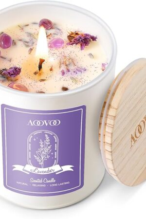 AOOVOO Lavender Scented Candles for Women - Aromatherapy Candle with Crystals Inside, 7oz Soy Candles for Home Scented, Birthday Gifts Mothers Day Candle for Women Mom