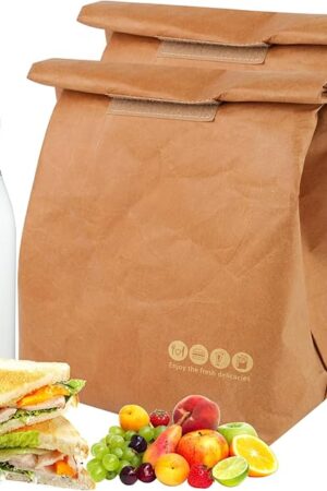 2 Pcs Insulated Brown Paper Lunch Bags, Reusable Lunch Bag Large Retro Sacks Thermal Insulation Food Storage Handbag with Velcro for Adults Office Work Picnic Travel Snacks - 7.8"L x 5.9"W x 11.8"