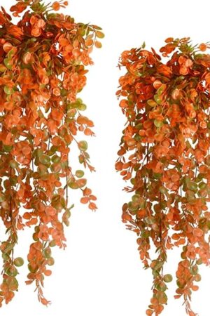 2pcs Artificial Hanging Fall Plants Fake Hanging Plant Faux Eucalyptus Leaf Greenery Vine Outdoor UV Resistant Plastic Plants (2, Fall Orange)