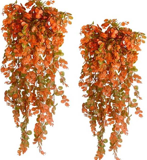 2pcs Artificial Hanging Fall Plants Fake Hanging Plant Faux Eucalyptus Leaf Greenery Vine Outdoor UV Resistant Plastic Plants (2, Fall Orange)