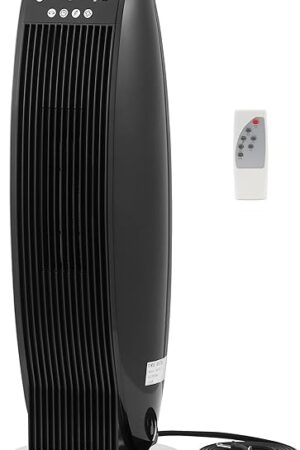 Amazon Basics Oscillating Tower Heater, With Digital Display, Remote Control, Timer, Over-Heat and Tip-Over Protection, Room Temperature Sensor, 2 Heat Settings, 1500W, Black, 8.6"D x 8.6"W x 23"H