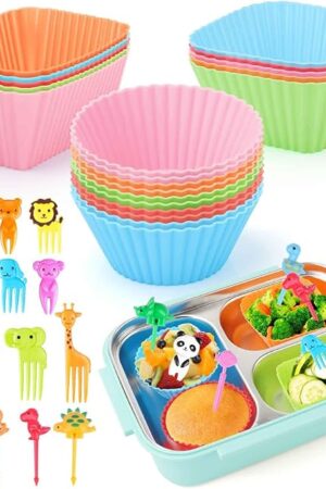 80PCS Silicone Lunch Box Dividers Kit, Reusable Silicone Cupcake Liners Muffin Cups, Fun Lunchbox Bento Box Accessories, Cute Food Picks for Kids (20 Baking Cups + 60 Animal Picks)