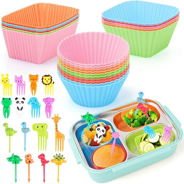80PCS Silicone Lunch Box Dividers Kit, Reusable Silicone Cupcake Liners Muffin Cups, Fun Lunchbox Bento Box Accessories, Cute Food Picks for Kids (20 Baking Cups + 60 Animal Picks)