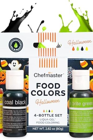 Chefmaster - Halloween Colors Liqua-Gel Food Coloring Kit - Water-Based Food Coloring Gel - 4 Pack - Highly Pigmented, Create Vividly Colored Desserts, Easy-To-Blend Formula - Made in the USA