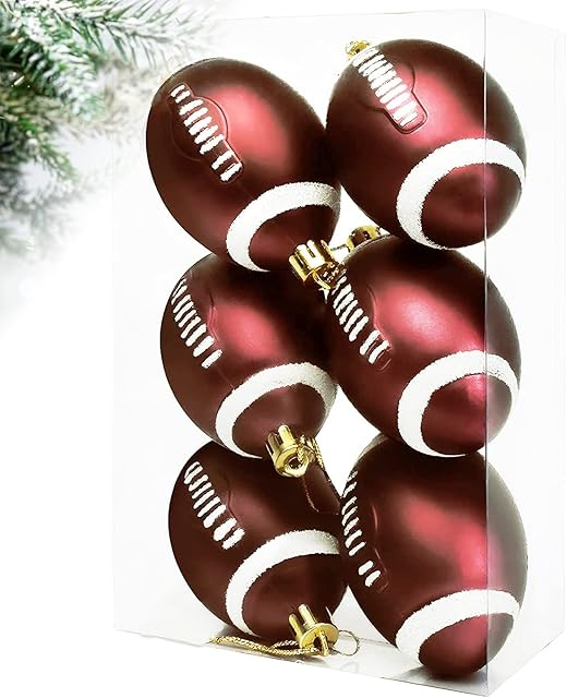 6Pcs Classic Football Baseball Xmas Ball Ornaments, Collection Sports Theme Tree Decor, Christmas Tree Skirt Decoration Supplies (Red)