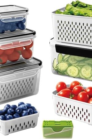 4 PCS Fruit storage Containers for Fridge with Removable Colander and Chopper Set, Leakproof Food Storage Containers with lids, Dishwasher & Microwave Safe Produce Containers to Keep Fruits Fresh ﻿