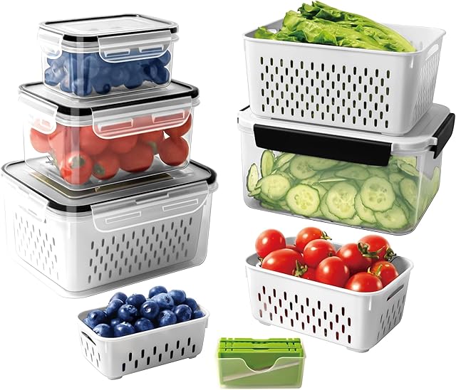 4 PCS Fruit storage Containers for Fridge with Removable Colander and Chopper Set, Leakproof Food Storage Containers with lids, Dishwasher & Microwave Safe Produce Containers to Keep Fruits Fresh 