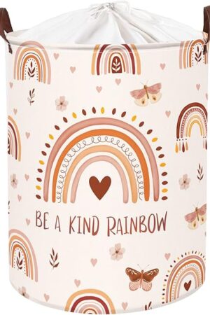 Clastyle 45L Boho Rainbow Laundry Hamper with Handle Drawstring Waterproof Butterfly Flowers Pink Laundry Basket Round Clothes Toys Heart Basket for Nursery Room