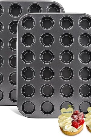 2 Pack Premium Bakeware 24-Cup, Mini Muffin Pan, Dishwasher Oven Safe (Black, Steel)