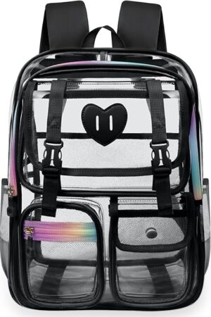 Clear Backpack for Girls Women Heavy Duty Transparent Bookbag School Backpack with Mesh Pockets Stadium Approved See Through Backpack (Black)