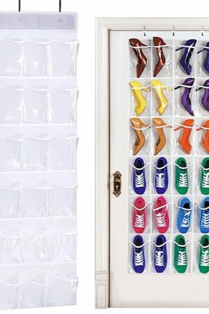 24 Pockets Over The Door Shoe Organiser, Folding Hanging Organiser Shoe Racks with Hooks, Heavy-Duty Hanging Mesh Shoe Holder for Badroom, Bathroom, Wardrobe (1)