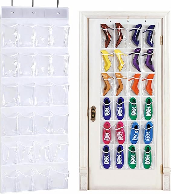 24 Pockets Over The Door Shoe Organiser, Folding Hanging Organiser Shoe Racks with Hooks, Heavy-Duty Hanging Mesh Shoe Holder for Badroom, Bathroom, Wardrobe (1)