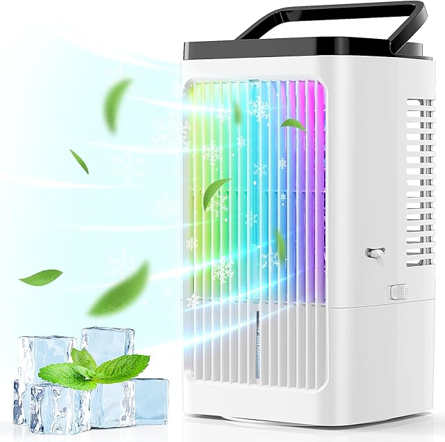 Portable Air Conditioners, 4 Speeds Air Cooler, 2 Level Humidifies, 1-8H Timer, 7 Color Light, Evaporative Air Cooler with Touch Screen, Personal Air Conditioner for Bedroom, Car and Office-White