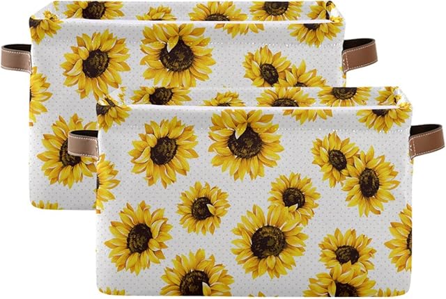 Sunflowers Storage Basket Storage Bin Rectangular Collapsible Storage Box with Leather Handles Nursery Baskets Organizer for Home, Kitchen