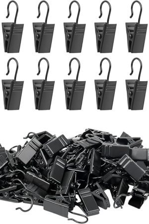 Curtain Clips Hooks, 100 Pack Stainless Iron Drapery Hooks Clips for Hanging Party String Lights Christmas Courtyards Decoration, Art Craft Display, Gutter Tent Camper Awning Hangers, Black