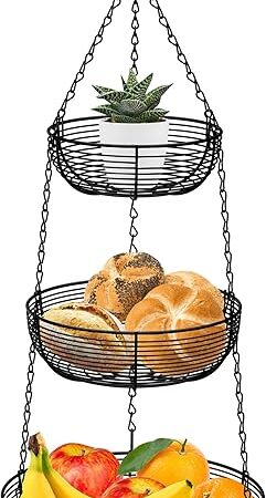 CAXXA 3-Tier Hanging Basket Fruit Organizer Kitchen Heavy Duty Wire Organizer with 2 Free Bonus Metal Ceiling Hooks, Black