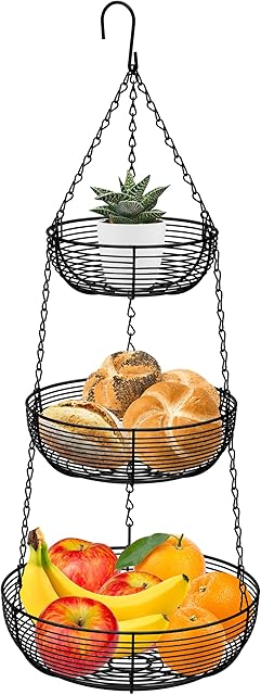 CAXXA 3-Tier Hanging Basket Fruit Organizer Kitchen Heavy Duty Wire Organizer with 2 Free Bonus Metal Ceiling Hooks, Black