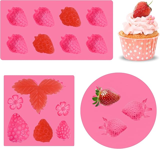 3Pcs Strawberry Silicone Mold Flowers 3D Strawberry Fondant Mold for DIY Cupcakes Fruit Gummies Chocolate Jelly Cookies Dessert