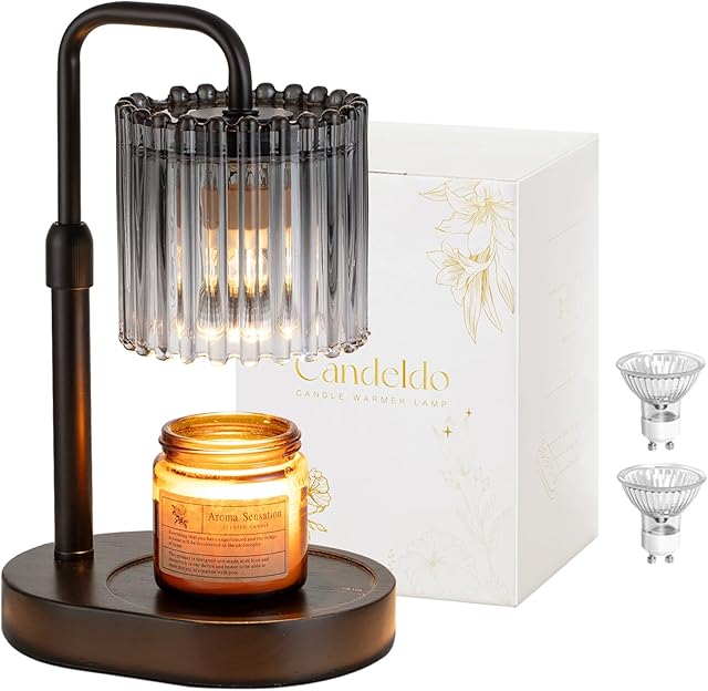 Candle Warmer Lamp with Timer: Black Candle Warming Lamp with 2 Bulbs Height Adjustable Wax Melt Warmer Dimmable Modern Dorm Bedroom Decor Gift for Women