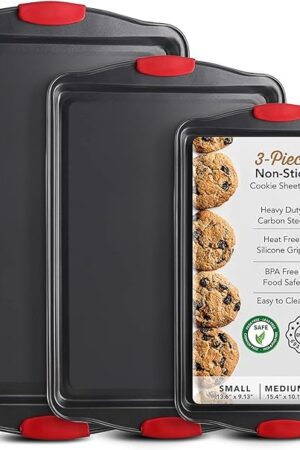 Baking Sheet Set, 3-Piece Cookie Sheet Set with Silicone Handles, Steel Baking Pans Set, Durable Baking Sheets for Oven, BPA Free Cookie Sheets for Baking Nonstick Set, Sheet Pan - Black Baking Pan