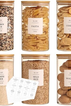 6 Pack Glass Jar with Airtight Bamboo Lid and White 132 Kichen Pantry Labels Preprinted - 28 Oz Clear Round Glass Food Storage Containers set For Tea Coffee Bean Cookie