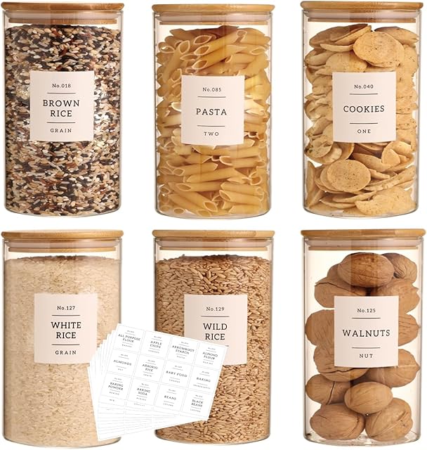 6 Pack Glass Jar with Airtight Bamboo Lid and White 132 Kichen Pantry Labels Preprinted - 28 Oz Clear Round Glass Food Storage Containers set For Tea Coffee Bean Cookie
