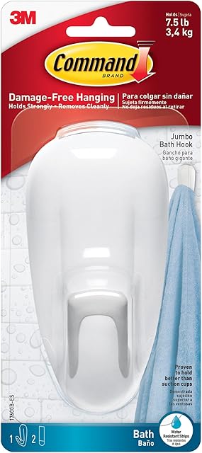 Command Bathroom Wall Hook with Water-Resistant Adhesive Strips, Bathroom Organizer for Hanging Bath Towels and Loofahs, 1 Shower Hook with 2 Command Strips