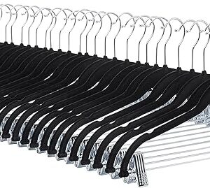 Amazon Basics Velvet, Non-Slip Skirt Clothes Hangers with Clips, Organize Pants and Skirts, Black/Silver, Pack of 24