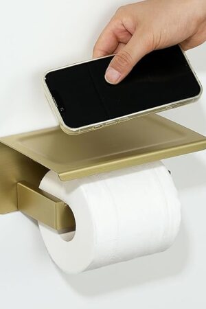 Alise Toilet Paper Holder,Bathroom Tissue Holder with Shelf,SUS304 Stainless Steel Toilet Paper Roll Holder Storage Dispenser,Self Adhesive or Wall Mount Drilling Paper Rack, Gold GYT5000-G