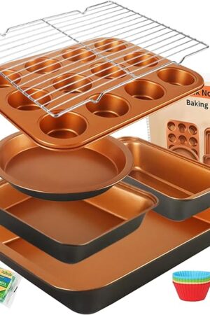 Baking Pans Set 6-Pieces, Non Stick Bakeware Set Stackable, with Cookie Sheet, Muffin, Round/Square Cake Pan, Loaf Pan, Rack, Oven Mitt for Home Baker, Gold
