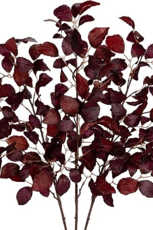 3PCS Artificial Fall Leaf Stems Autumn Leaves Fake Fagus Sylvatica Folige Burgundy Faux Beech Leaf Branch, Long Stems for Floral Arrangements Autumn Decoration