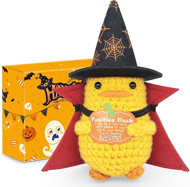 The Unique Gifts for Halloween Kids and Teens - Mini Funny Emotional Support Crochet Duck with Pumpkin and Magic Set - Cute Knitted Plush Doll Halloween Decoration for Women, Toddlers, Adult