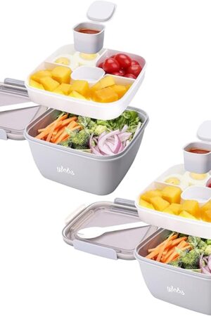 2 Pack Bento Box Adult Lunch Box,52-oz Salad Bowls,3 Compartment Tray with Salad Dressings Container,Used to Meal pre-prepare Food Fruit Snack,Leak Proof (Grey)